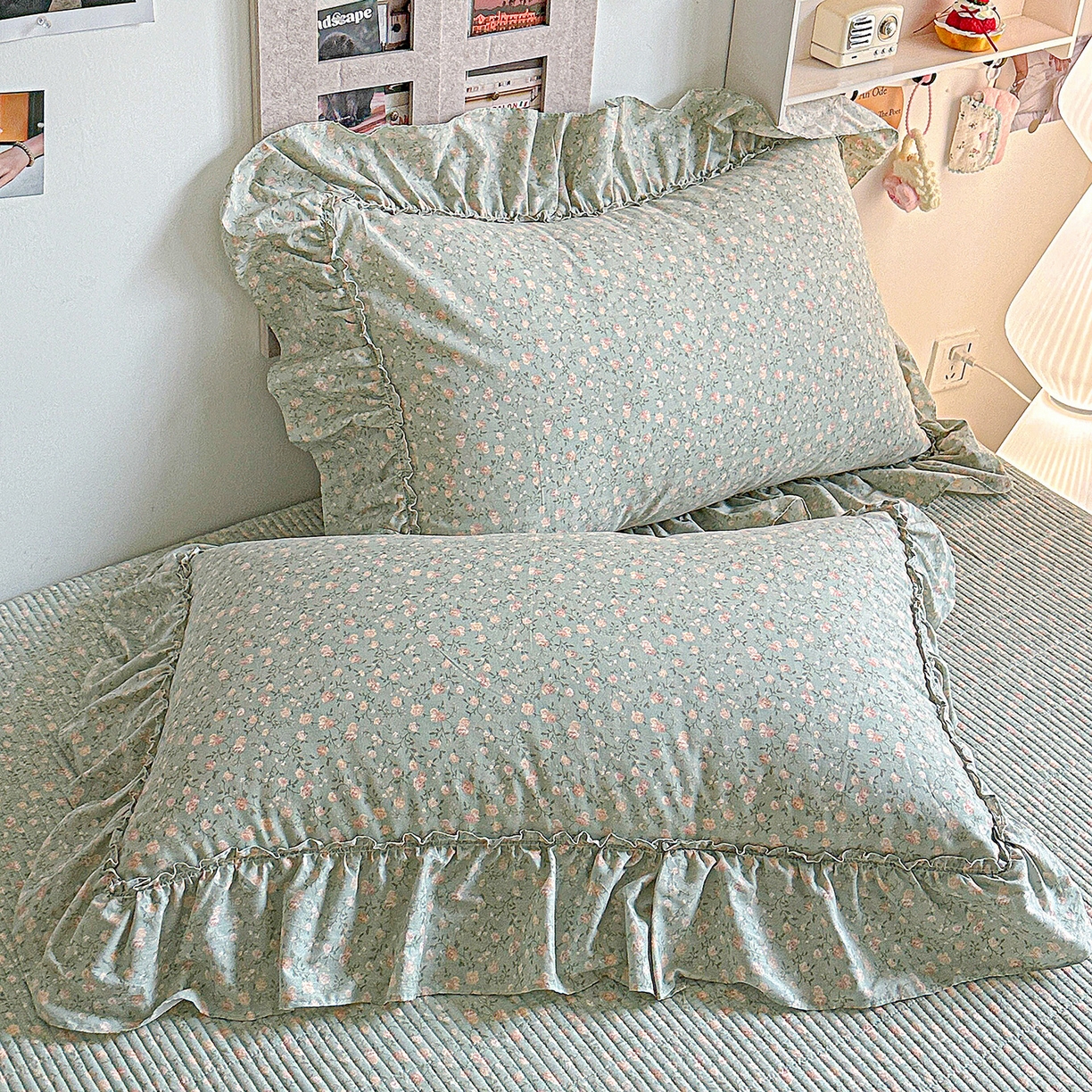 91家纺网 家纺一手货源 找家纺 家维家纺 2026新款（常年不断货）A类全棉夹棉韩系大花边高温砂洗床盖四件套【提供买家秀】 绿芜汀