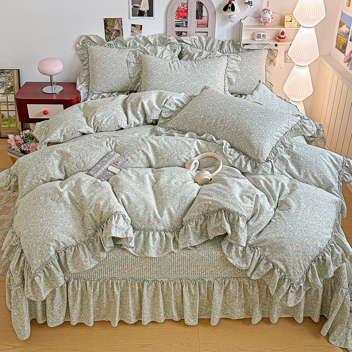 家维家纺 2026新款（常年不断货）A类全棉夹棉韩系大花边高温砂洗床盖四件套【提供买家秀】 绿芜汀