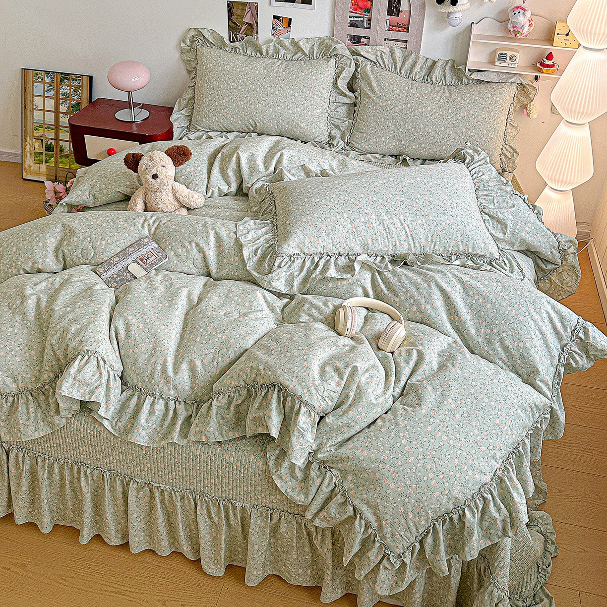 91家纺网 家纺一手货源 找家纺 家维家纺 2026新款（常年不断货）A类全棉夹棉韩系大花边高温砂洗床盖四件套【提供买家秀】 绿芜汀