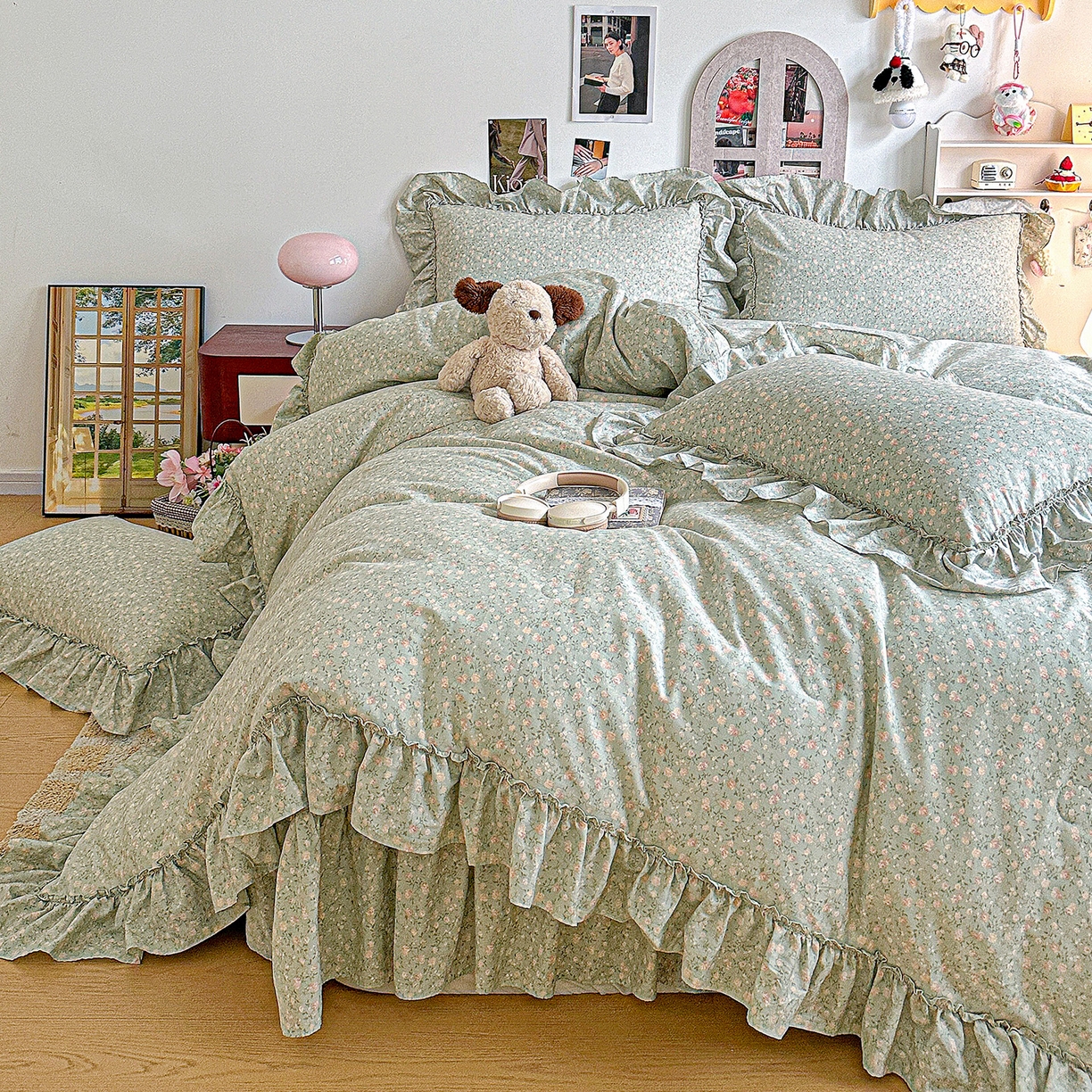 91家纺网 家纺一手货源 找家纺 家维家纺 2026新款（常年不断货）A类全棉夹棉韩系大花边高温砂洗床盖四件套【提供买家秀】 绿芜汀