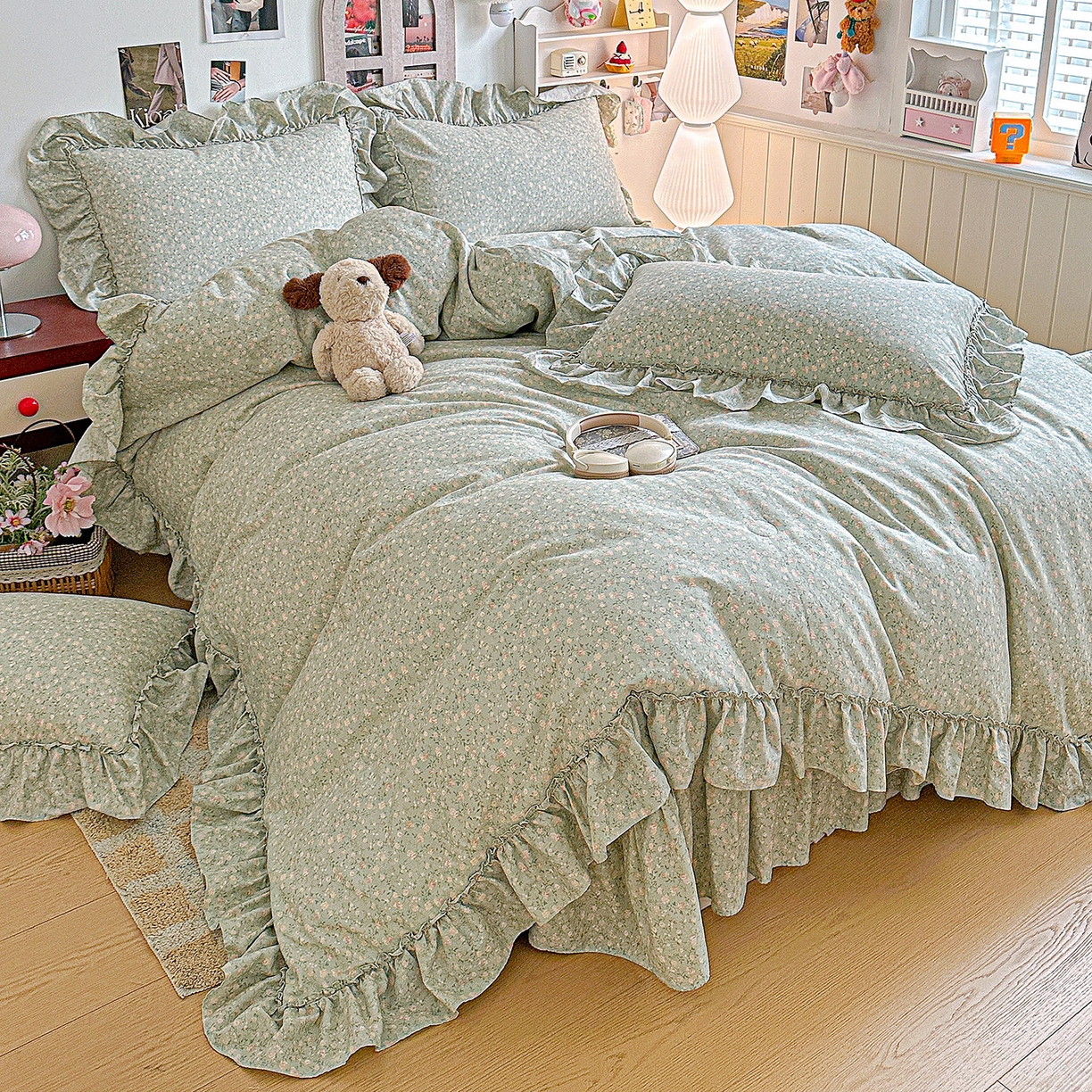 91家纺网 家纺一手货源 找家纺 家维家纺 2026新款（常年不断货）A类全棉夹棉韩系大花边高温砂洗床盖四件套【提供买家秀】 绿芜汀