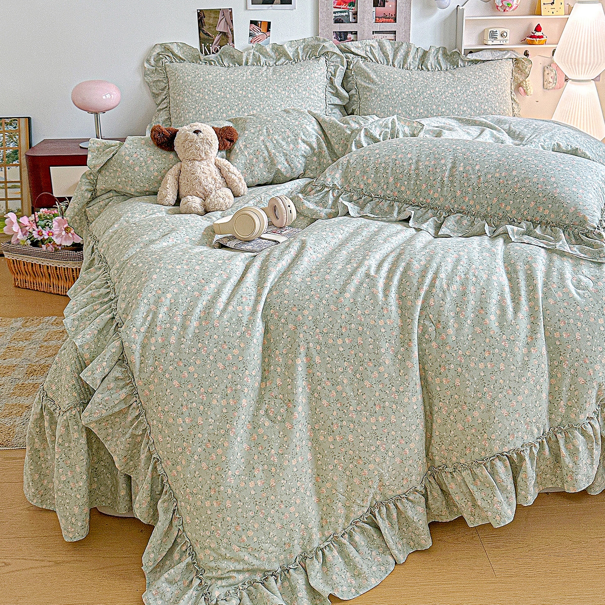 91家纺网 家纺一手货源 找家纺 家维家纺 2026新款（常年不断货）A类全棉夹棉韩系大花边高温砂洗床盖四件套【提供买家秀】 绿芜汀