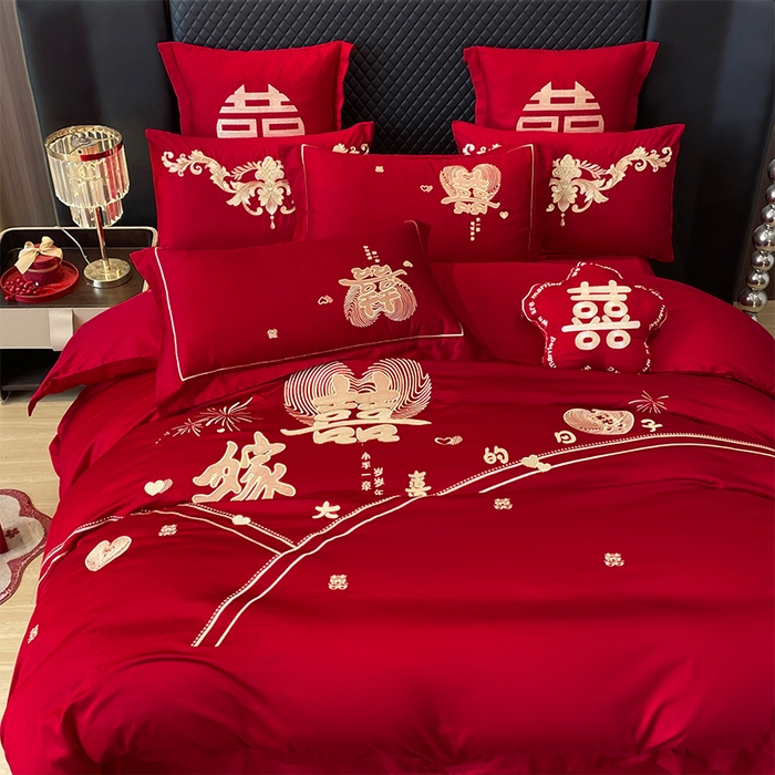 91家纺网 家纺一手货源 找家纺 2026年新款中式亲肤加厚双面磨毛婚庆四件套刺绣多件套大喜的日子