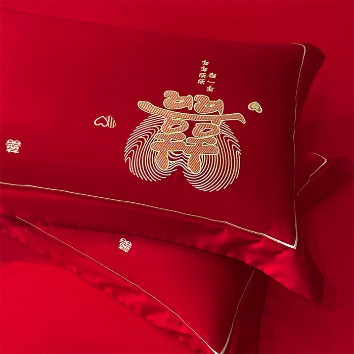 91家纺网 家纺一手货源 找家纺 2026年新款中式亲肤加厚双面磨毛婚庆四件套刺绣多件套大喜的日子