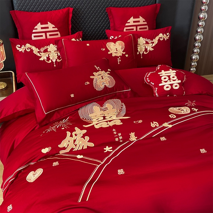 91家纺网 家纺一手货源 找家纺 2026年新款中式亲肤加厚双面磨毛婚庆四件套刺绣多件套大喜的日子