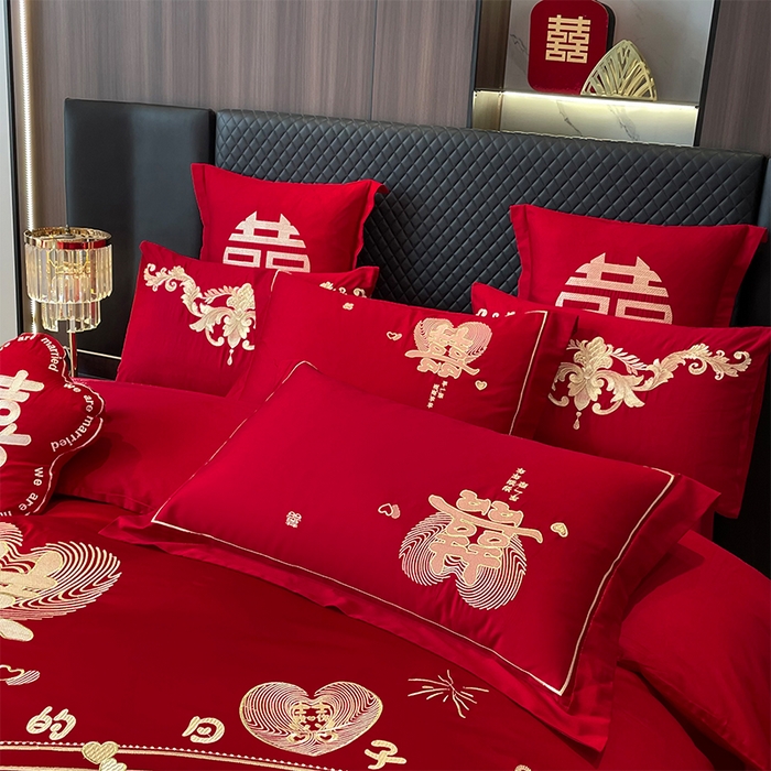 91家纺网 家纺一手货源 找家纺 2026年新款中式亲肤加厚双面磨毛婚庆四件套刺绣多件套大喜的日子