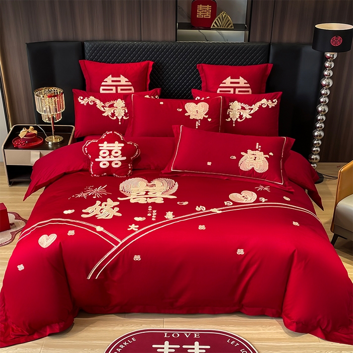 91家纺网 家纺一手货源 找家纺 2026年新款中式亲肤加厚双面磨毛婚庆四件套刺绣多件套大喜的日子