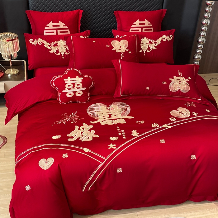 91家纺网 家纺一手货源 找家纺 2026年新款中式亲肤加厚双面磨毛婚庆四件套刺绣多件套大喜的日子