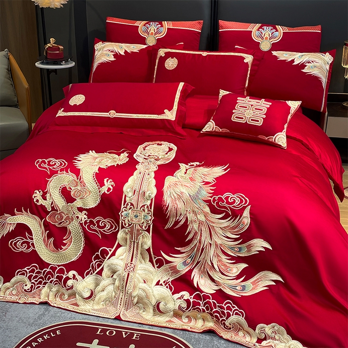 91家纺网 家纺一手货源 找家纺 2026年新款中式亲肤加厚双面磨毛婚庆四件套刺绣多件套金喜龙凤