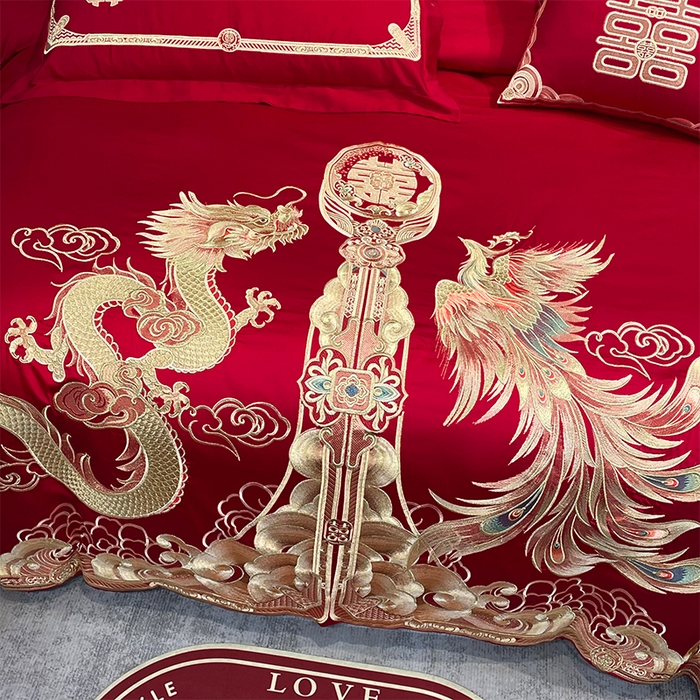 91家纺网 家纺一手货源 找家纺 2026年新款中式亲肤加厚双面磨毛婚庆四件套刺绣多件套金喜龙凤