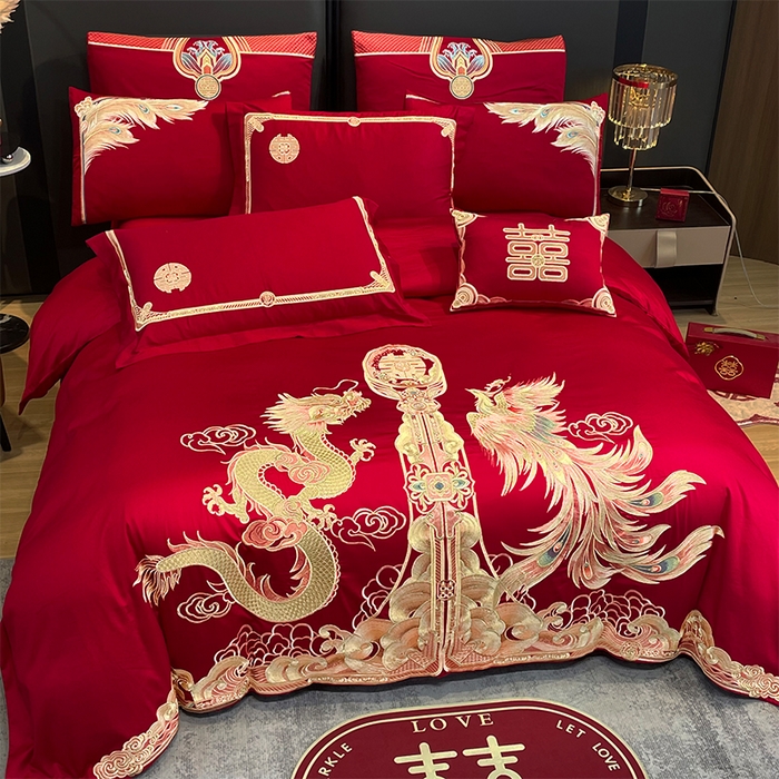 91家纺网 家纺一手货源 找家纺 2026年新款中式亲肤加厚双面磨毛婚庆四件套刺绣多件套金喜龙凤