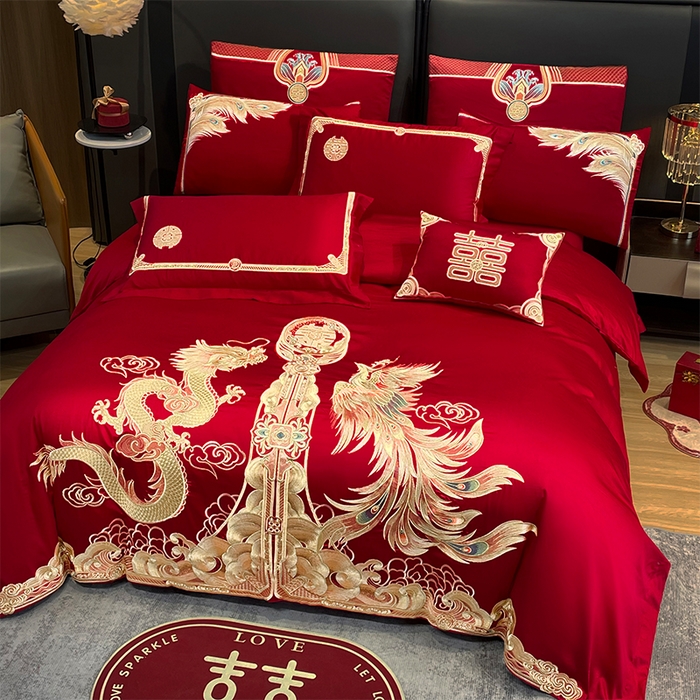 91家纺网 家纺一手货源 找家纺 2026年新款中式亲肤加厚双面磨毛婚庆四件套刺绣多件套金喜龙凤