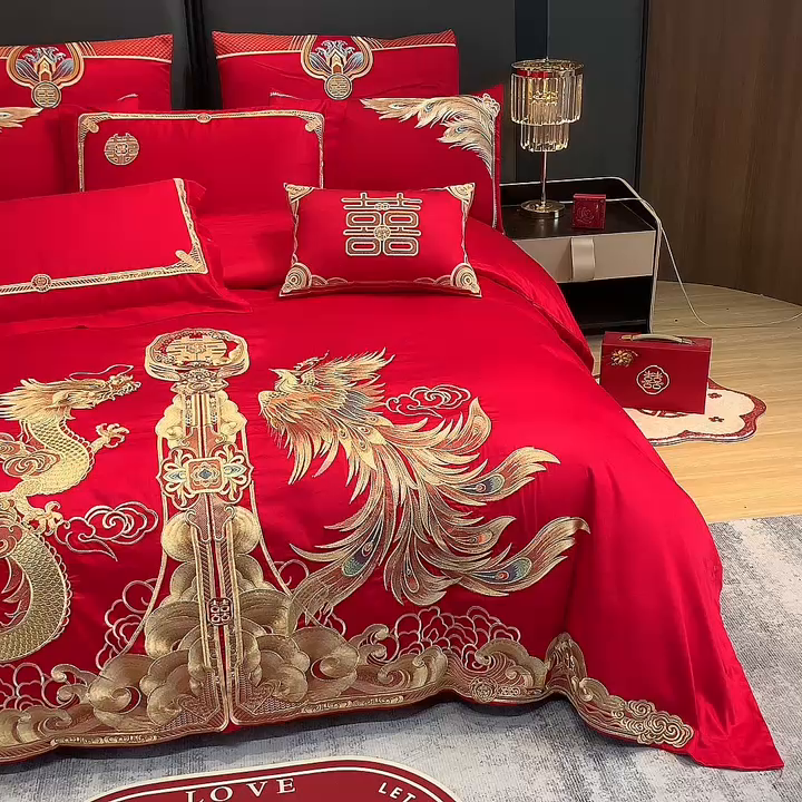 91家纺网 家纺一手货源 找家纺 2026年新款中式亲肤加厚双面磨毛婚庆四件套刺绣多件套金喜龙凤