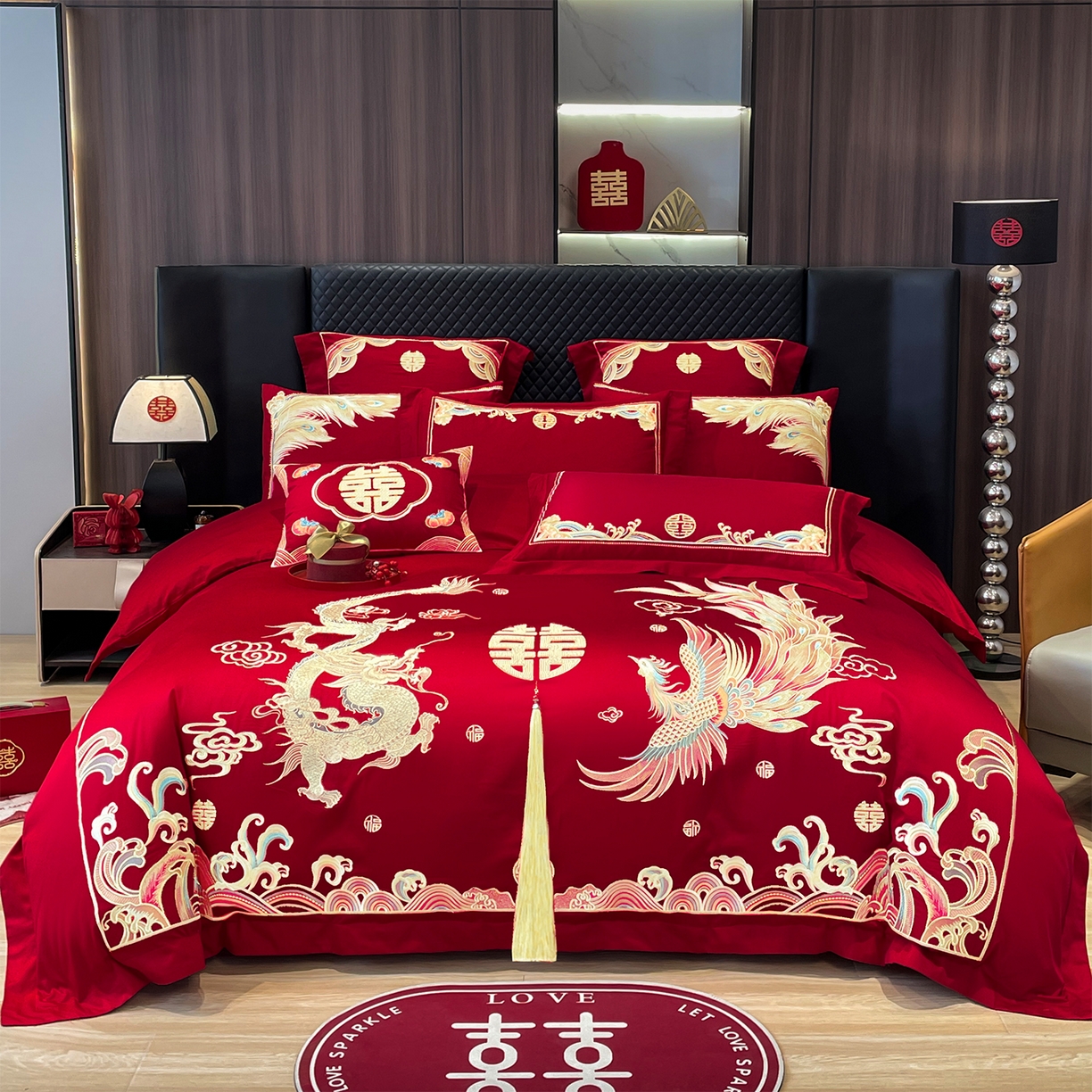 91家纺网 家纺一手货源 找家纺 2026年新款中式亲肤加厚双面磨毛婚庆四件套刺绣多件套龙凤成双