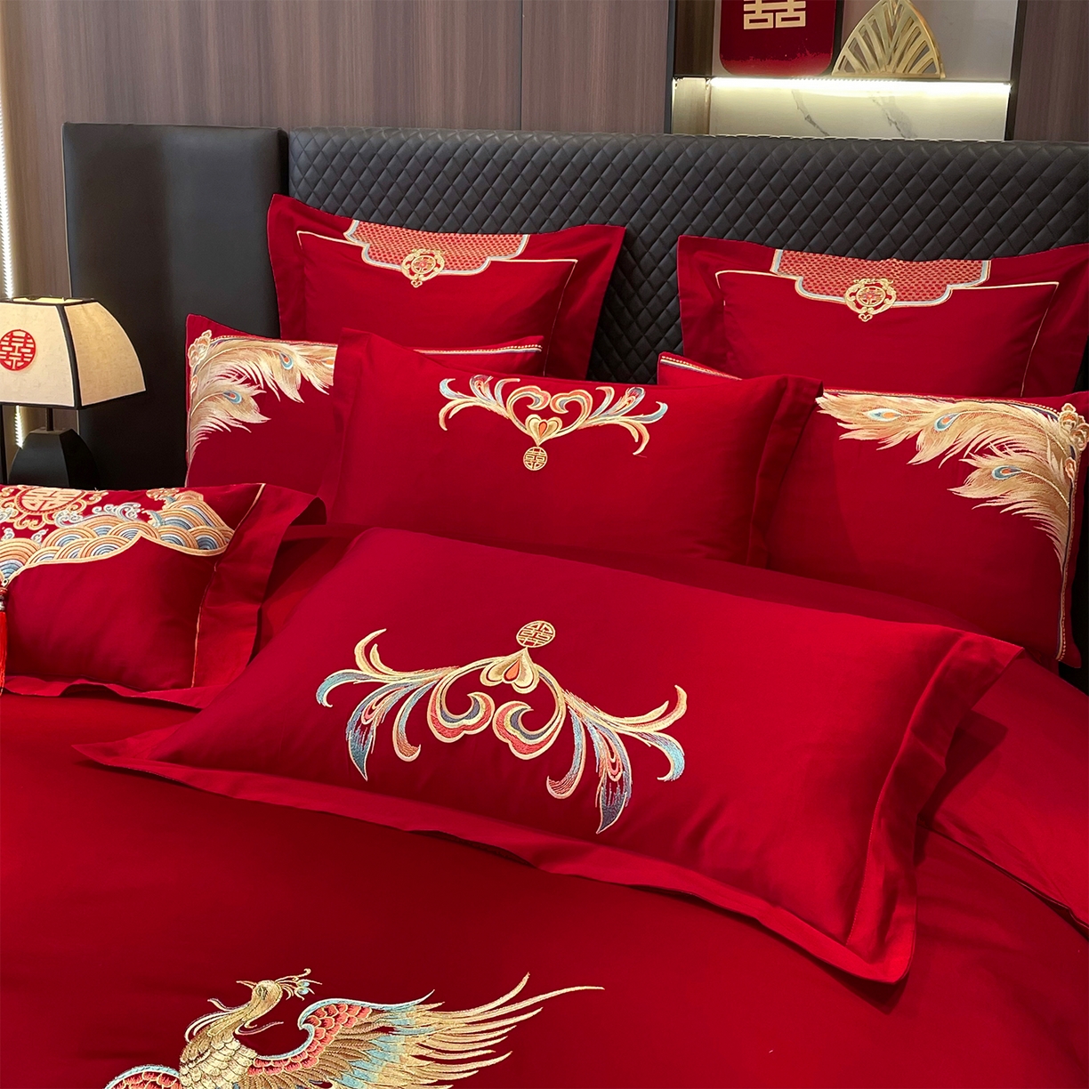 91家纺网 家纺一手货源 找家纺 2026年新款中式亲肤加厚双面磨毛婚庆四件套刺绣多件套龙凤喜悦