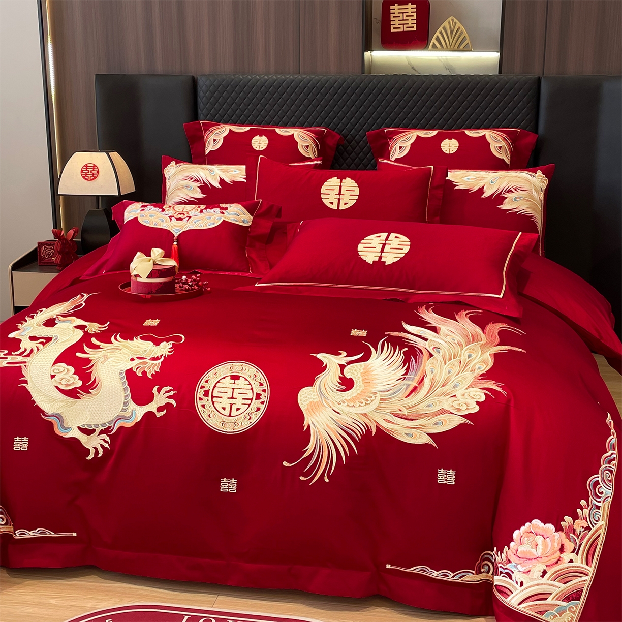 91家纺网 家纺一手货源 找家纺 2026年新款中式亲肤加厚双面磨毛婚庆四件套刺绣多件套龙凤约定