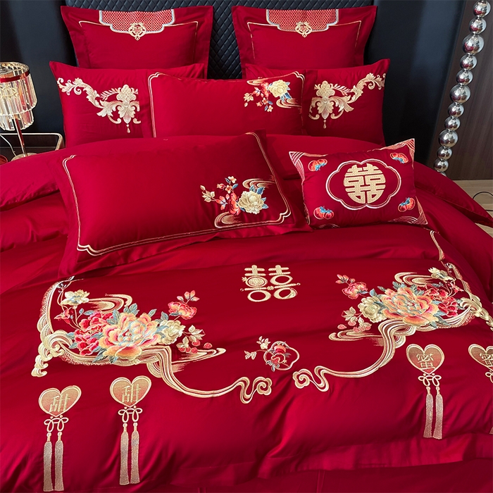 91家纺网 家纺一手货源 找家纺 2026年新款中式亲肤加厚双面磨毛婚庆四件套刺绣多件套甜甜蜜蜜