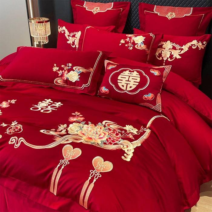 91家纺网 家纺一手货源 找家纺 2026年新款中式亲肤加厚双面磨毛婚庆四件套刺绣多件套甜甜蜜蜜