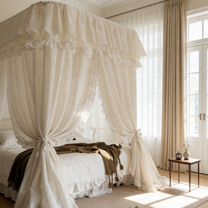 91家纺网 家纺一手货源 找家纺 都市缘蚊帐 2026年新款3303禾风里棉麻轨道宫廷蚊帐1.5m 1.8m 3303禾风里-场景二