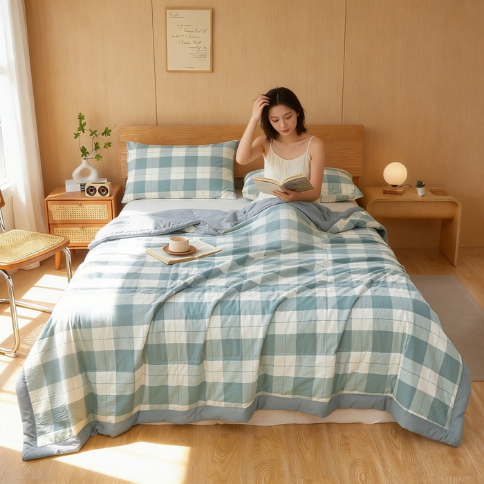 91家纺网 家纺一手货源 找家纺 猎鹿人家纺 2026新款A类水洗棉新疆棉花夏被 被子被芯 绿大格