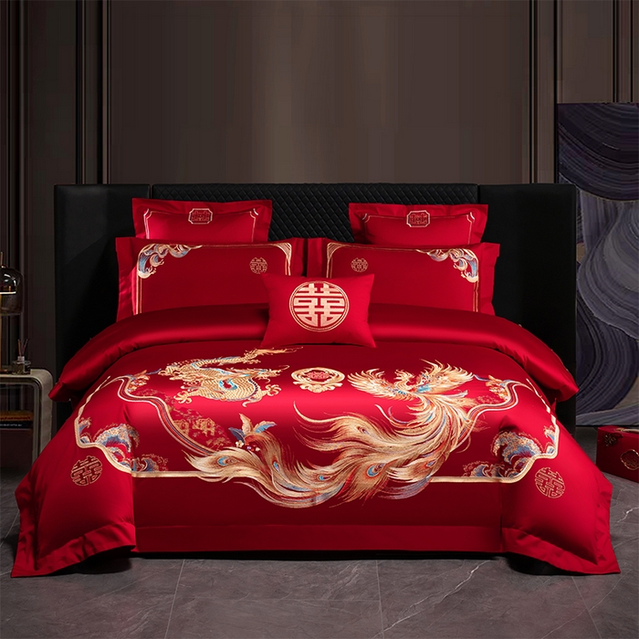 91家纺网 家纺一手货源 找家纺 博之洋婚庆 2026新款新中式亲肤棉婚庆大红刺绣系列四件套 龙凤如意