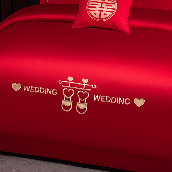 91家纺网 家纺一手货源 找家纺 博之洋婚庆 2026新款新中式亲肤棉婚庆大红刺绣系列四件套 喜爱