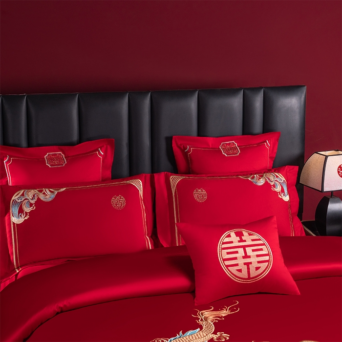 91家纺网 家纺一手货源 找家纺 博之洋婚庆 2026新款新中式亲肤棉婚庆大红刺绣系列四件套 龙凤如意