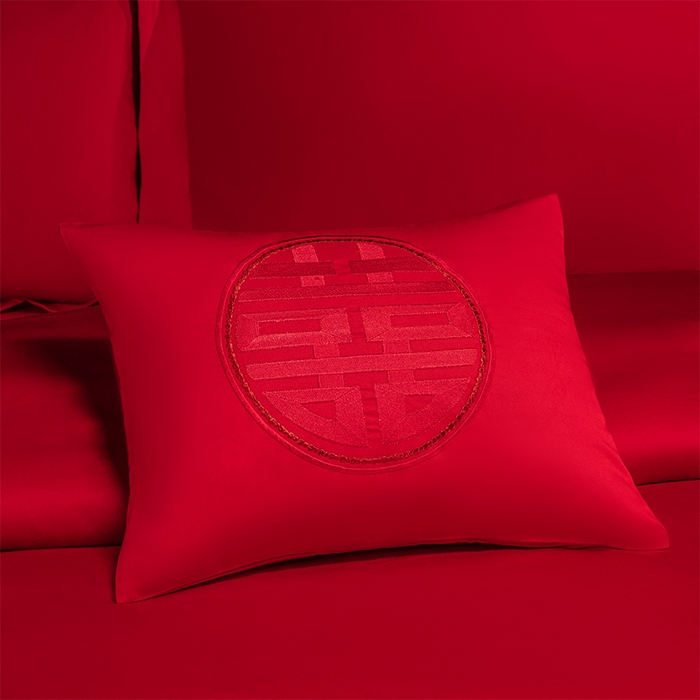 91家纺网 家纺一手货源 找家纺 博之洋婚庆 2026新款新中式亲肤棉婚庆大红刺绣系列四件套 喜运绵绵-红