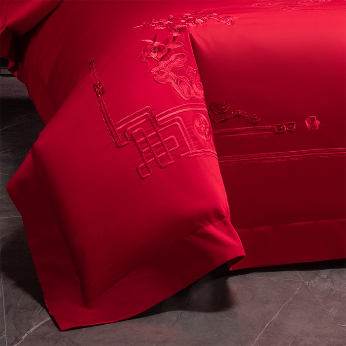 91家纺网 家纺一手货源 找家纺 博之洋婚庆 2026新款新中式亲肤棉婚庆大红刺绣系列四件套 爱的诺言-红