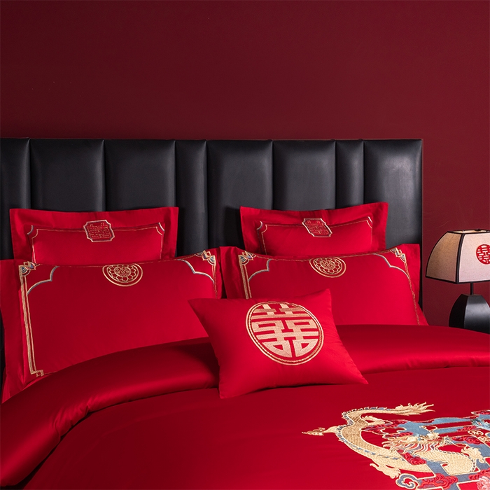 91家纺网 家纺一手货源 找家纺 博之洋婚庆 2026新款新中式亲肤棉婚庆大红刺绣系列四件套 龙凤送喜