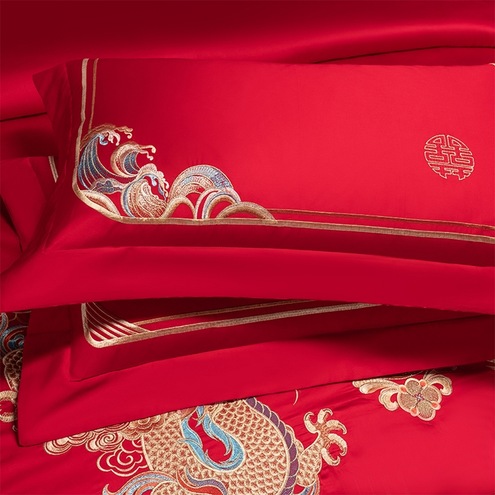 91家纺网 家纺一手货源 找家纺 博之洋婚庆 2026新款新中式亲肤棉婚庆大红刺绣系列四件套 龙凤如意