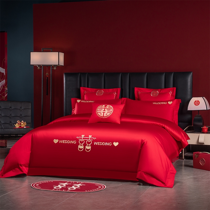 91家纺网 家纺一手货源 找家纺 博之洋婚庆 2026新款新中式亲肤棉婚庆大红刺绣系列四件套 喜爱