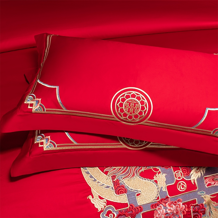 91家纺网 家纺一手货源 找家纺 博之洋婚庆 2026新款新中式亲肤棉婚庆大红刺绣系列四件套 龙凤送喜