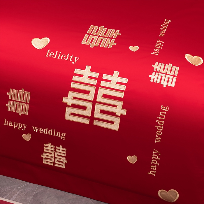 91家纺网 家纺一手货源 找家纺 博之洋婚庆 2026新款新中式亲肤棉婚庆大红刺绣系列四件套 喜运绵绵-金