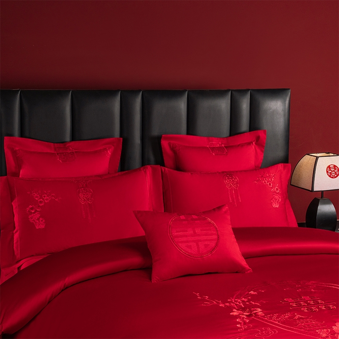 91家纺网 家纺一手货源 找家纺 博之洋婚庆 2026新款新中式亲肤棉婚庆大红刺绣系列四件套 爱的诺言-红