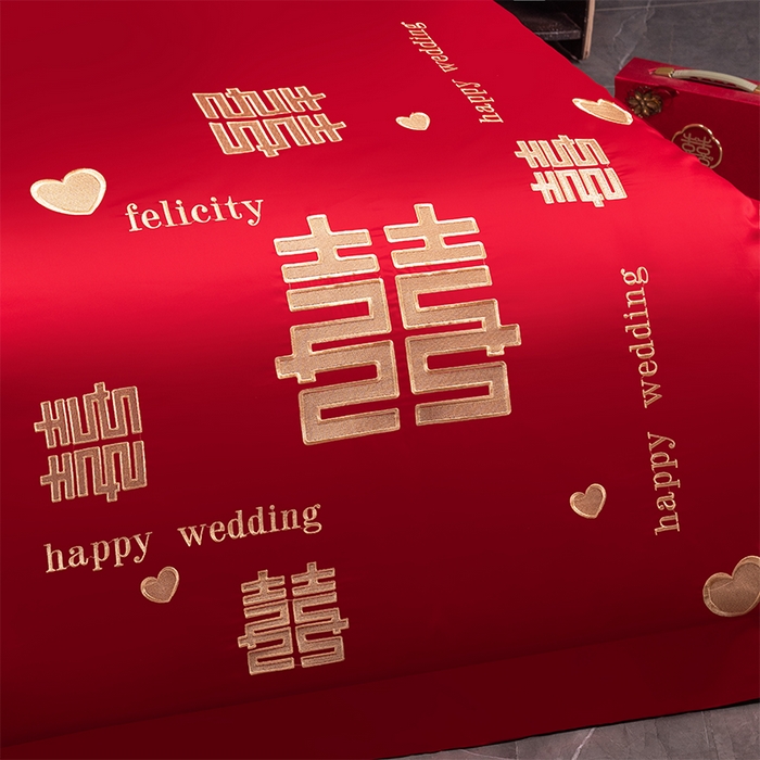 91家纺网 家纺一手货源 找家纺 博之洋婚庆 2026新款新中式亲肤棉婚庆大红刺绣系列四件套 喜运绵绵-金