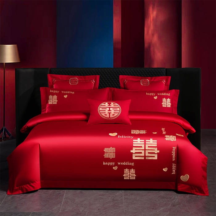 博之洋婚庆 2026新款新中式亲肤棉婚庆大红刺绣系列四件套 喜运绵绵-金