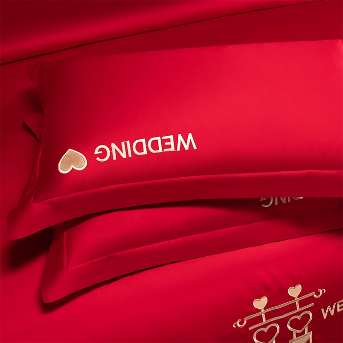 91家纺网 家纺一手货源 找家纺 博之洋婚庆 2026新款新中式亲肤棉婚庆大红刺绣系列四件套 喜爱