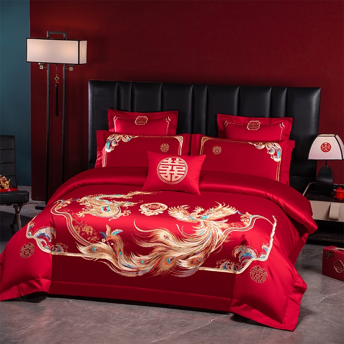 91家纺网 家纺一手货源 找家纺 博之洋婚庆 2026新款新中式亲肤棉婚庆大红刺绣系列四件套 龙凤如意