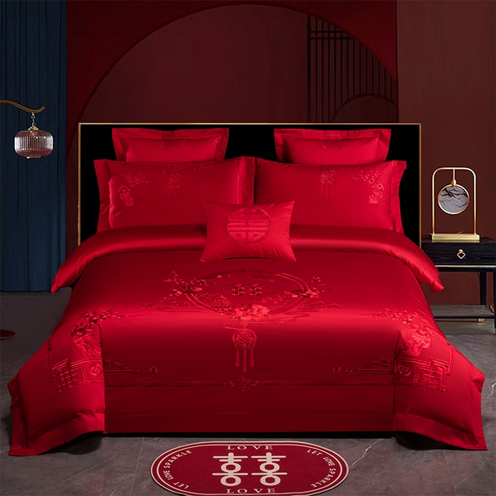 博之洋婚庆 2026新款新中式亲肤棉婚庆大红刺绣系列四件套 爱的诺言-红