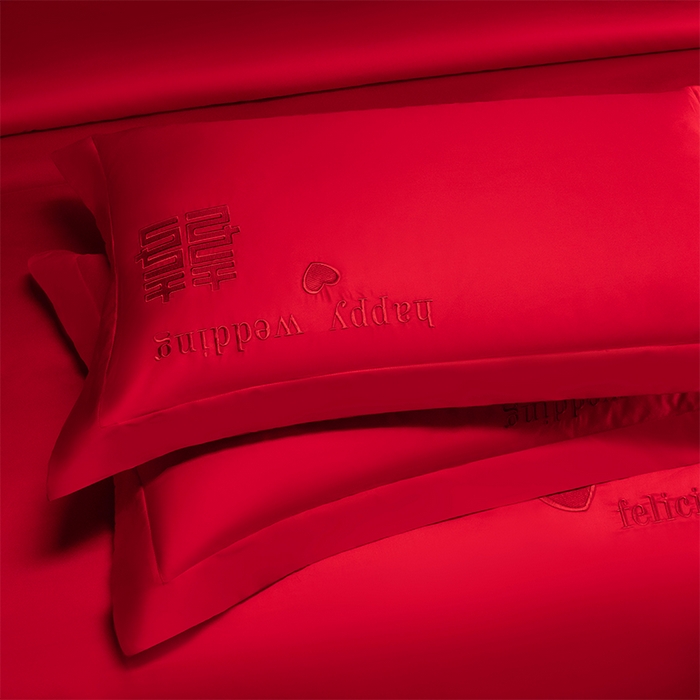 91家纺网 家纺一手货源 找家纺 博之洋婚庆 2026新款新中式亲肤棉婚庆大红刺绣系列四件套 喜运绵绵-红