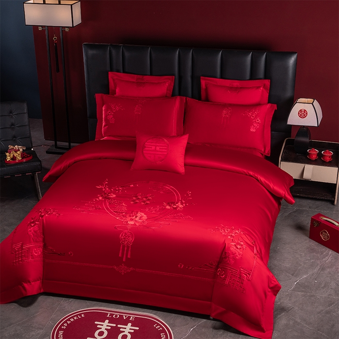 91家纺网 家纺一手货源 找家纺 博之洋婚庆 2026新款新中式亲肤棉婚庆大红刺绣系列四件套 爱的诺言-红