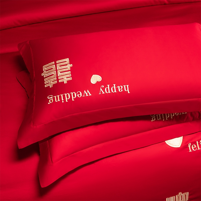 91家纺网 家纺一手货源 找家纺 博之洋婚庆 2026新款新中式亲肤棉婚庆大红刺绣系列四件套 喜运绵绵-金