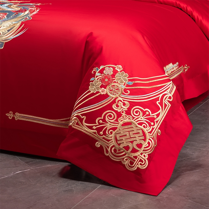 91家纺网 家纺一手货源 找家纺 博之洋婚庆 2026新款新中式亲肤棉婚庆大红刺绣系列四件套 龙凤送喜