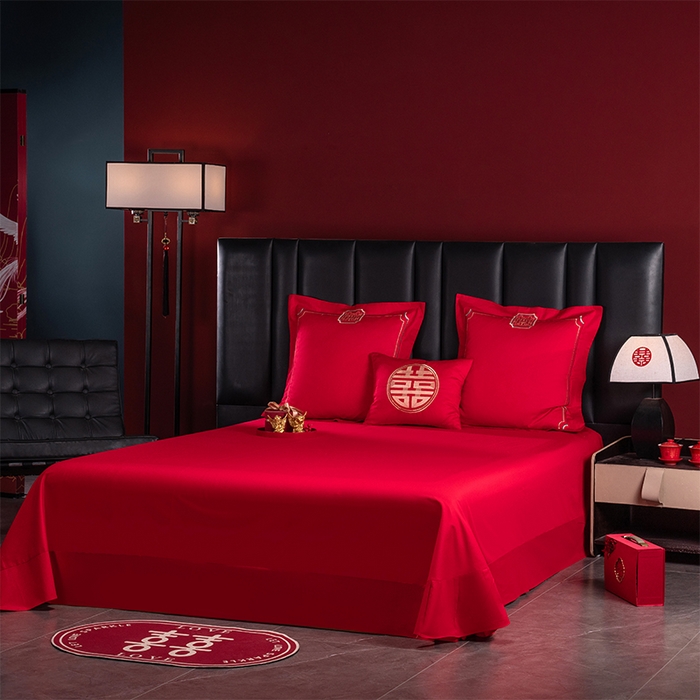 91家纺网 家纺一手货源 找家纺 博之洋婚庆 2026新款新中式亲肤棉婚庆大红刺绣系列四件套 喜爱