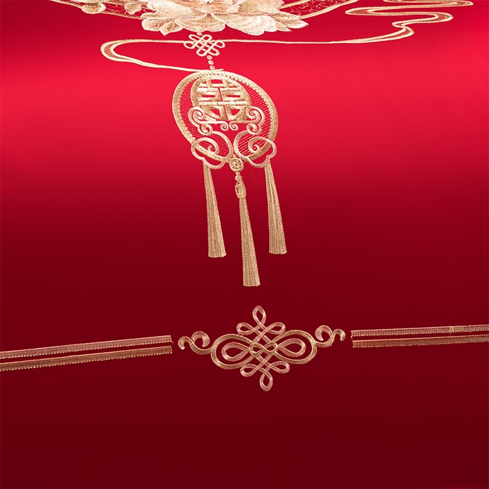 91家纺网 家纺一手货源 找家纺 博之洋婚庆 2026新款新中式亲肤棉婚庆大红刺绣系列四件套 爱的诺言-金
