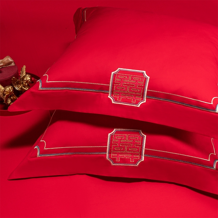 91家纺网 家纺一手货源 找家纺 博之洋婚庆 2026新款新中式亲肤棉婚庆大红刺绣系列四件套 喜爱