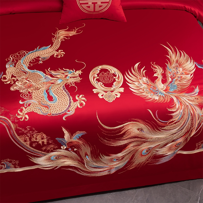 91家纺网 家纺一手货源 找家纺 博之洋婚庆 2026新款新中式亲肤棉婚庆大红刺绣系列四件套 龙凤如意