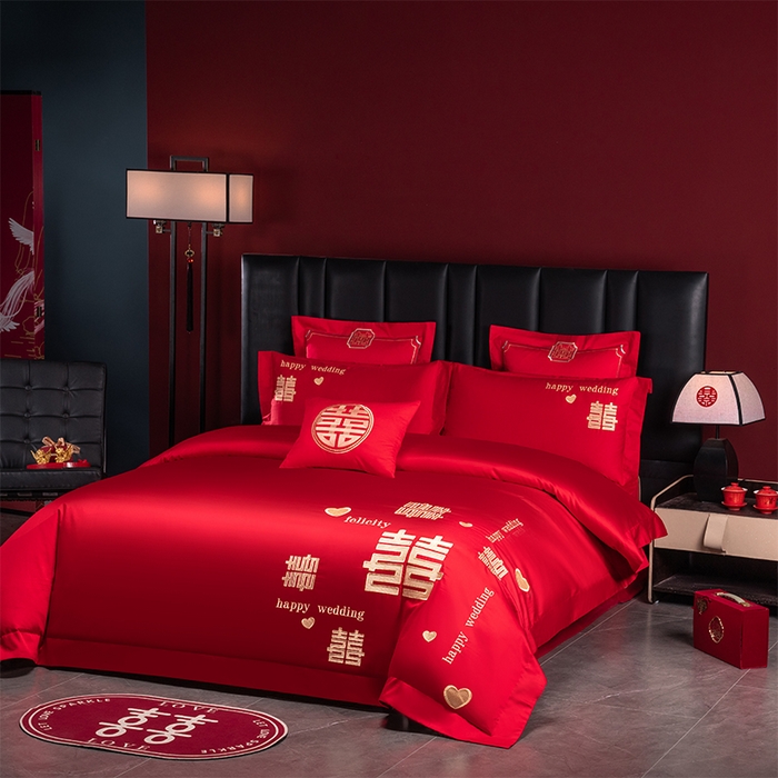 91家纺网 家纺一手货源 找家纺 博之洋婚庆 2026新款新中式亲肤棉婚庆大红刺绣系列四件套 喜运绵绵-金