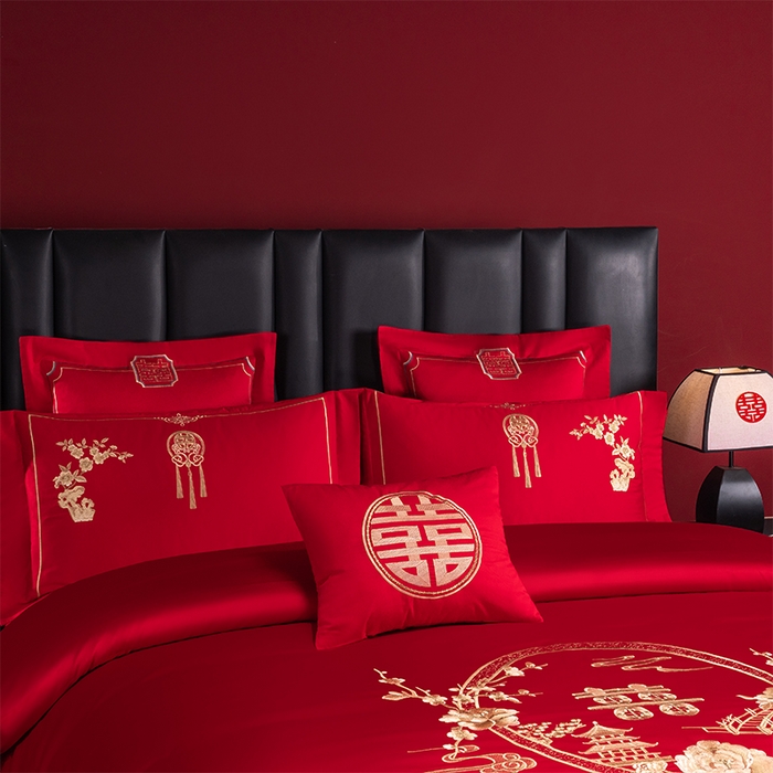 91家纺网 家纺一手货源 找家纺 博之洋婚庆 2026新款新中式亲肤棉婚庆大红刺绣系列四件套 爱的诺言-金